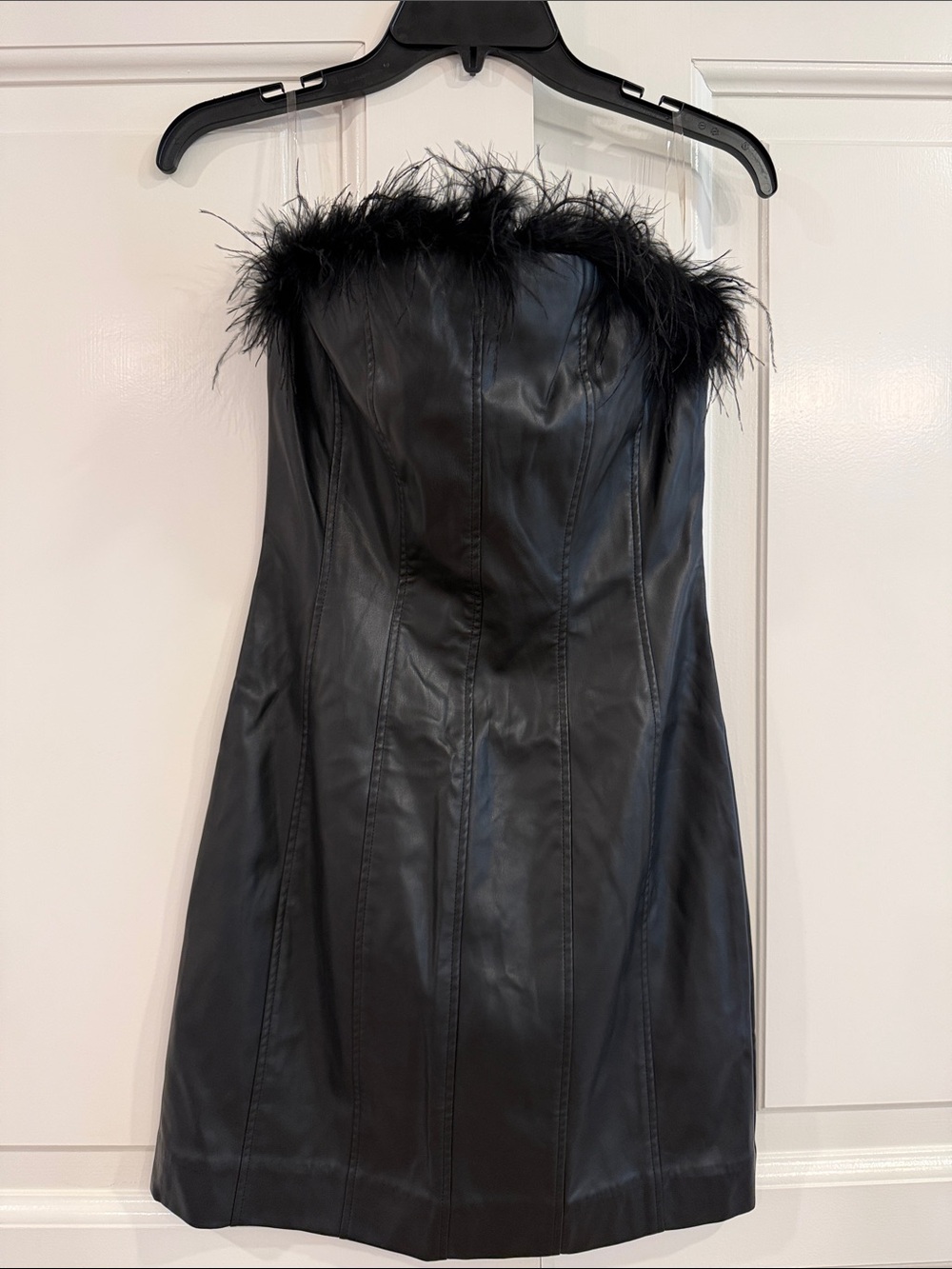 Main Strip Strapless Black Faux-Leather Mini Dress with Feather Trim